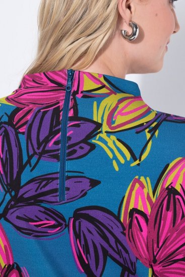 Ulla Popken 843180 Gebloemde jersey jurk Petrol - Kleedjes - Jurken in alle maten