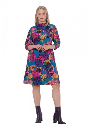Ulla Popken 843180 Gebloemde jersey jurk Petrol - Kleedjes - Jurken in alle maten