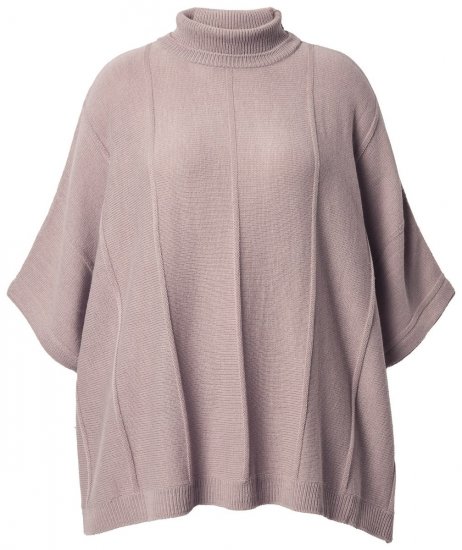 Ulla Popken 844996 Geribde merinoponcho met col Lichtbruin - Poncho's & capes - 