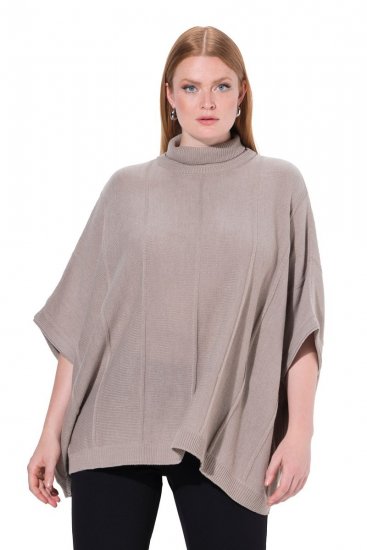 Ulla Popken 844996 Geribde merinoponcho met col Lichtbruin - Poncho's & capes - 