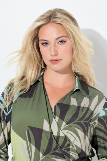Ulla Popken 845122 Bedrukte midi-jurk met zakken Turquoise - Midi jurken - Midi jurken in grote maten