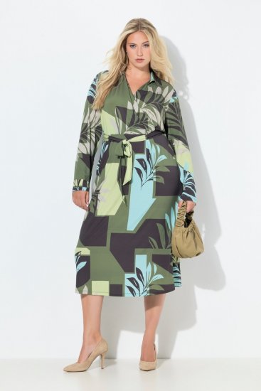 Ulla Popken 845122 Bedrukte midi-jurk met zakken Turquoise - Midi jurken - Midi jurken in grote maten