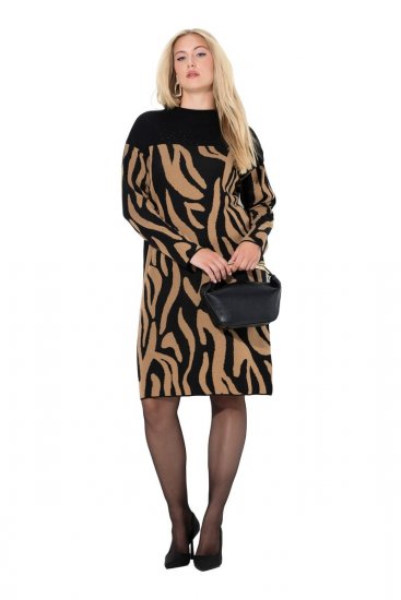 Ulla Popken 845378 Gebreide jurk met dierenprint Beige - Avondjurken - Avondjurken in grote maten