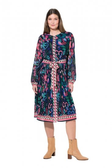 Ulla Popken 845649 Gebloemde chiffon jurk Donkerblauw - Midi jurken - Midi jurken in grote maten
