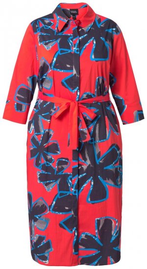 Ulla Popken 846164 Gebloemde blousejurk Rood - Midi jurken - Midi jurken in grote maten