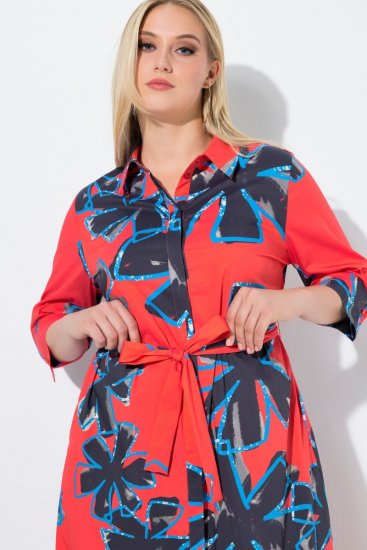 Ulla Popken 846164 Gebloemde blousejurk Rood - Midi jurken - Midi jurken in grote maten