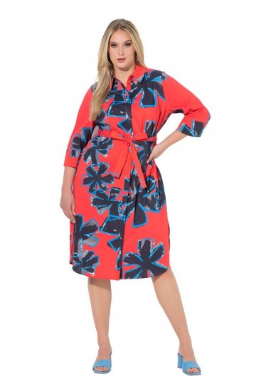 Ulla Popken 846164 Gebloemde blousejurk Rood - Midi jurken - Midi jurken in grote maten