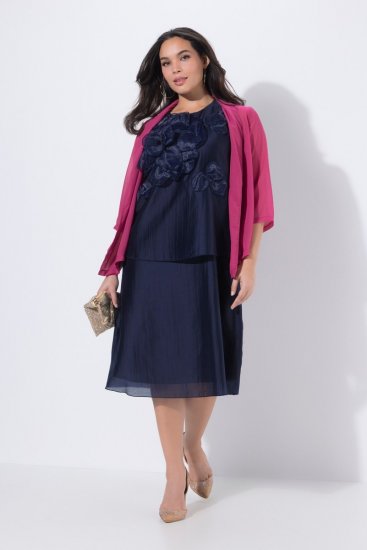Ulla Popken 847918 Gebloemde chiffon jurk Donkerblauw - Midi jurken - Midi jurken in grote maten