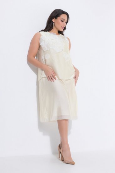 Ulla Popken 847918 Gebloemde chiffon jurk Gebroken wit - Zomerjurken - Zomerjurken in grote maten