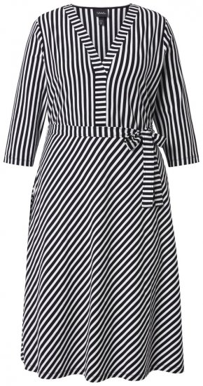 Ulla Popken 848052 Gestreepte midi-jurk met strikceintuur Zwart - Midi jurken - Midi jurken in grote maten
