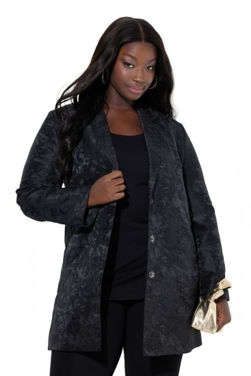 Ulla Popken 848099 Gebloemde jacquard blazer met verborgen knoopsluiting Zwart - Blazers - Blazers in grote maten voor dames