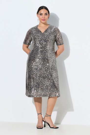 Ulla Popken 848137 Paillettenjurk met dierenprint Beige - Avondjurken - Avondjurken in grote maten
