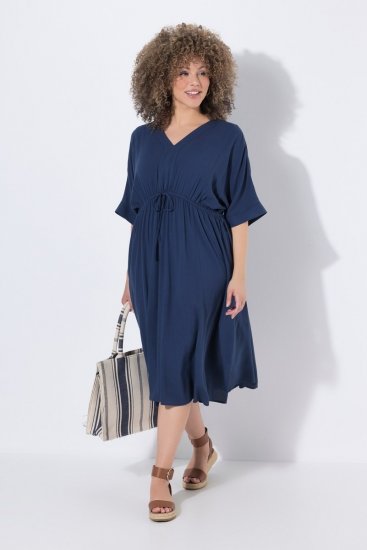 Ulla Popken 848224 Midi-jurk met trekkoord Donkerblauw - Midi jurken - Midi jurken in grote maten