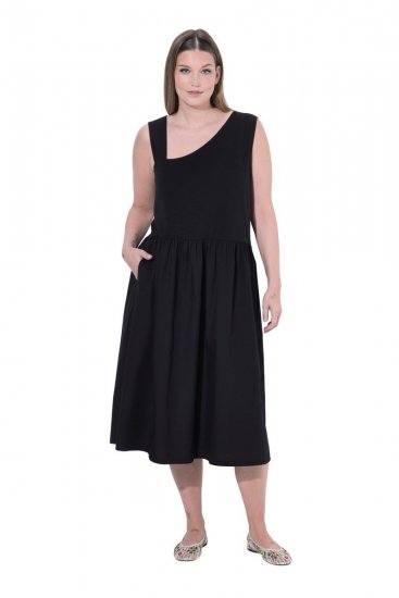 Ulla Popken 848305 Mouwloze midi-jurk met V-hals Zwart - Midi jurken - Midi jurken in grote maten