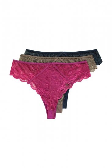 Ulla Popken 848522 Strings met kant 3-pack Donkerpaars - Slips - 