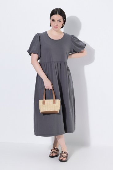 Ulla Popken 848575 Maxi-jurk met korte mouwen en zakken Antraciet - Maxi jurken - Maxi jurken in grote maten