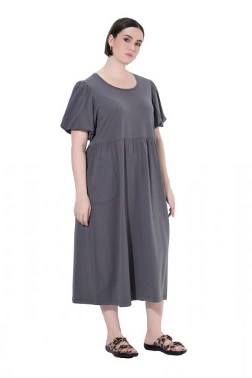 Ulla Popken 848575 Maxi-jurk met korte mouwen en zakken Antraciet - Maxi jurken - Maxi jurken in grote maten
