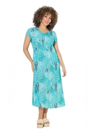 Ulla Popken 848696 Bedrukte midi-jurk met V-hals Turquoise - Midi jurken - Midi jurken in grote maten