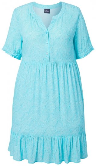 Ulla Popken 848724 Bedrukte jurk met ruches Turquoise - Kleedjes - Jurken in alle maten