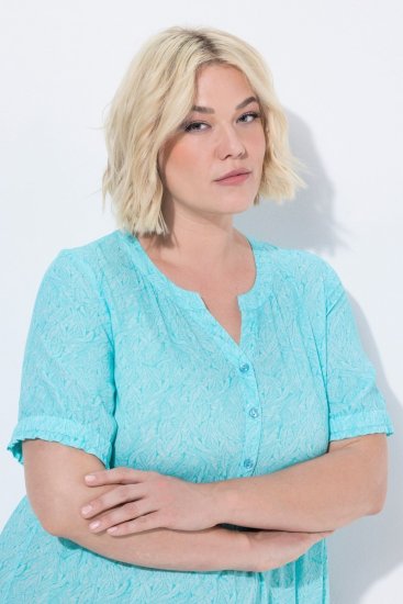 Ulla Popken 848724 Bedrukte jurk met ruches Turquoise - Kleedjes - Jurken in alle maten