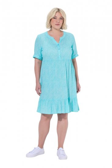 Ulla Popken 848724 Bedrukte jurk met ruches Turquoise - Kleedjes - Jurken in alle maten