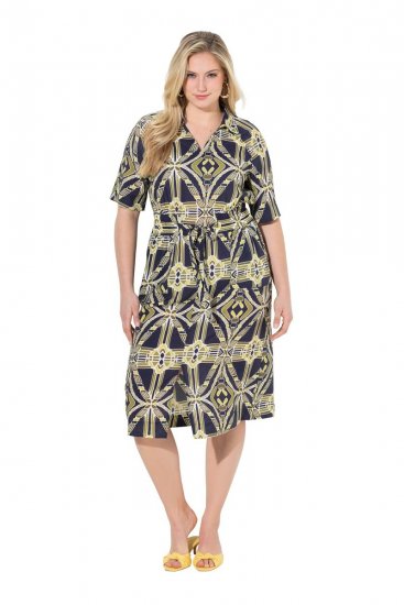 Ulla Popken 848789 Bedrukte midi-jurk met zakken Donkerblauw - Midi jurken - Midi jurken in grote maten