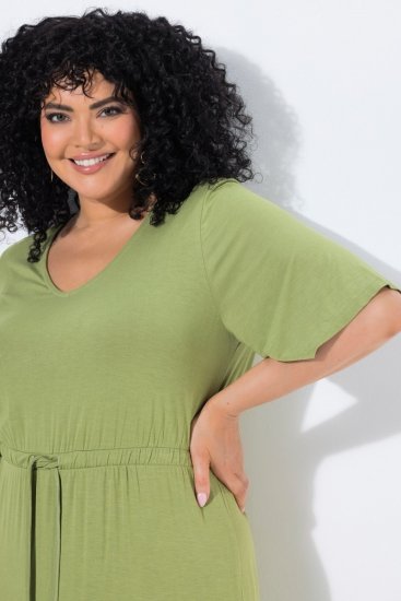 Ulla Popken 848829 Midi-jurk met korte mouwen en trekkoord Lichtgroen - Midi jurken - Midi jurken in grote maten
