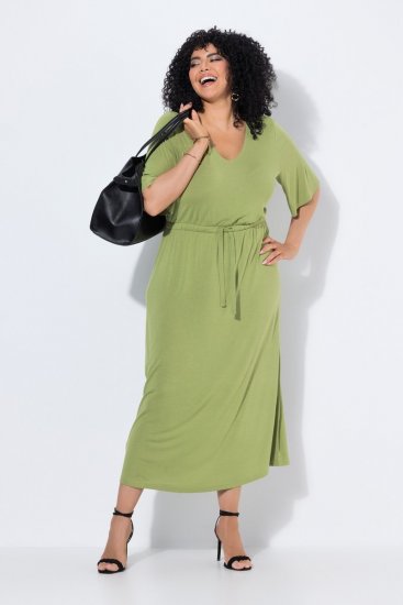 Ulla Popken 848829 Midi-jurk met korte mouwen en trekkoord Lichtgroen - Midi jurken - Midi jurken in grote maten