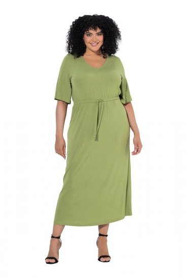 Ulla Popken 848829 Midi-jurk met korte mouwen en trekkoord Lichtgroen - Midi jurken - Midi jurken in grote maten