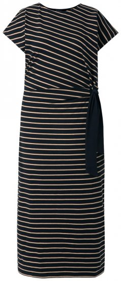Ulla Popken 848921 Gestreepte jersey jurk met strikceintuur Zwart - Maxi jurken - Maxi jurken in grote maten