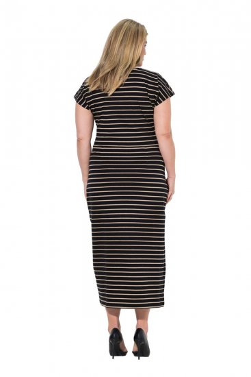 Ulla Popken 848921 Gestreepte jersey jurk met strikceintuur Zwart - Maxi jurken - Maxi jurken in grote maten