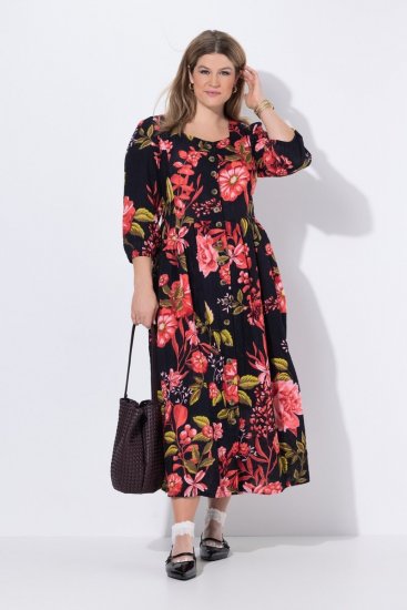 Ulla Popken 849593 Gebloemde blousejurk Donkerblauw - Maxi jurken - Maxi jurken in grote maten