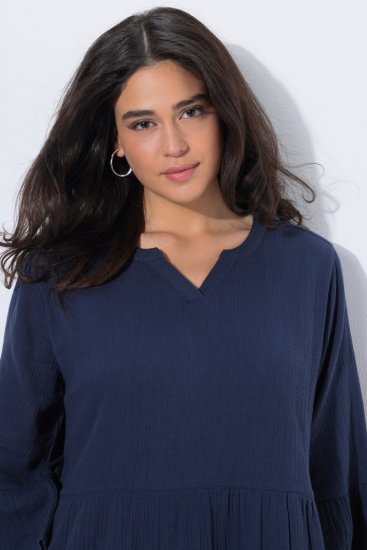 Ulla Popken 849856 Jurk met ruches Donkerblauw - Midi jurken - Midi jurken in grote maten