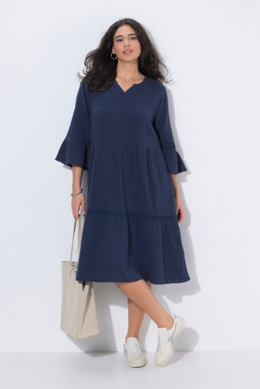 Ulla Popken 849856 Jurk met ruches Donkerblauw - Midi jurken - Midi jurken in grote maten