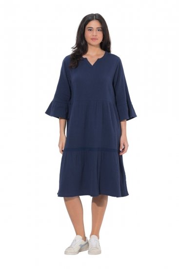 Ulla Popken 849856 Jurk met ruches Donkerblauw - Midi jurken - Midi jurken in grote maten