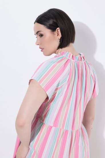 Ulla Popken 849969 Gestreepte midi-jurk met ruches Roze - Midi jurken - Midi jurken in grote maten