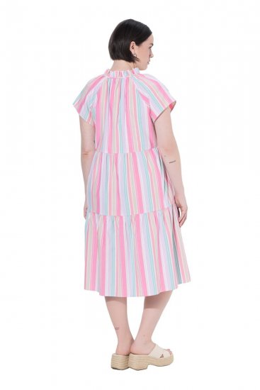 Ulla Popken 849969 Gestreepte midi-jurk met ruches Roze - Midi jurken - Midi jurken in grote maten