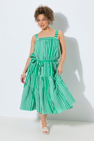 Ulla Popken 850197 Gestreepte jurk met ruches Groen - Zomerjurken - Zomerjurken in grote maten