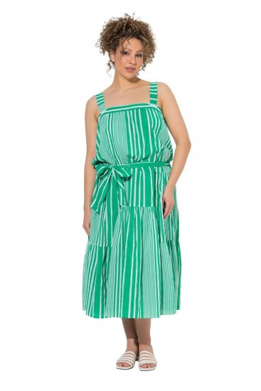 Ulla Popken 850197 Gestreepte jurk met ruches Groen - Zomerjurken - Zomerjurken in grote maten