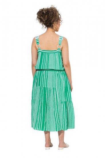 Ulla Popken 850197 Gestreepte jurk met ruches Groen - Zomerjurken - Zomerjurken in grote maten