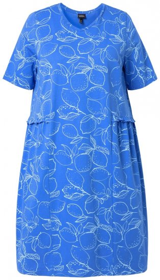 Ulla Popken 850204 Bedrukte T-shirtjurk met ruches Blauw - Jersey jurken - 