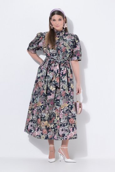 Ulla Popken 850298 Gebloemde blousejurk Donkerblauw - Maxi jurken - Maxi jurken in grote maten
