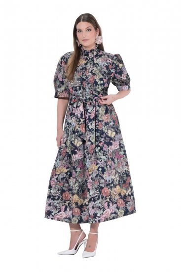 Ulla Popken 850298 Gebloemde blousejurk Donkerblauw - Maxi jurken - Maxi jurken in grote maten