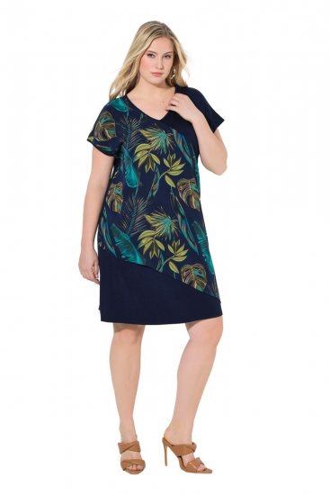 Ulla Popken 850393 Bedrukte chiffon jurk Donkerblauw - Zomerjurken - Zomerjurken in grote maten