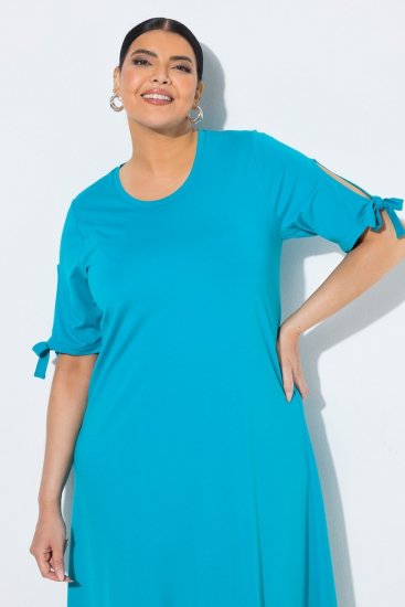 Ulla Popken 850724 Midi-jurk met korte mouwen en strikceintuur Turquoise - Midi jurken - Midi jurken in grote maten
