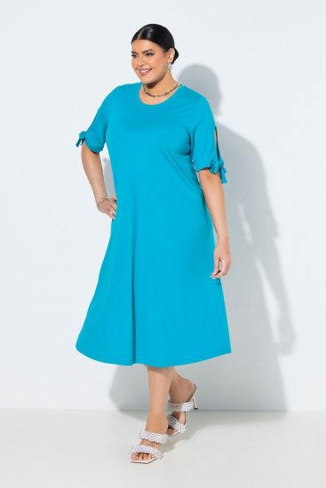 Ulla Popken 850724 Midi-jurk met korte mouwen en strikceintuur Turquoise - Midi jurken - Midi jurken in grote maten