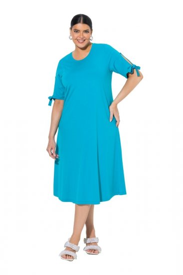 Ulla Popken 850724 Midi-jurk met korte mouwen en strikceintuur Turquoise - Midi jurken - Midi jurken in grote maten
