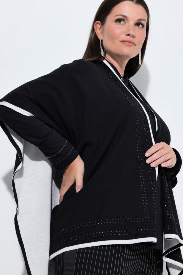 Ulla Popken 851127 Open gebreide poncho met strassrand Zwart - Poncho's & capes - 