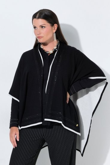 Ulla Popken 851127 Open gebreide poncho met strassrand Zwart - Poncho's & capes - 