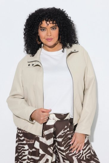 Ulla Popken 851329 Bikerjack met leerlook en rits Taupe - Jassen - Damesjassen in grote maten